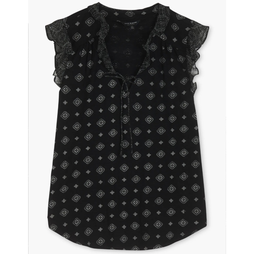 Lucky Brand Mixed Media Black & White Flutter Sleeve Blouse Size Medium - Picture 2 of 15